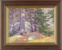 Henry James Albright, Colorful Woods, Oil on board scene shows a small clearing amongst tall conifers