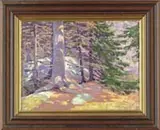 Henry James Albright, Colorful Woods, Oil on board scene shows a small clearing amongst tall conifers