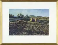 Patricia Ritzo, Autumn Harvest, Pastel Maine landscape shows two large hay bales in fields with road and farm beyond