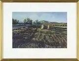 Patricia Ritzo, Autumn Harvest, Pastel Maine landscape shows two large hay bales in fields with road and farm beyond