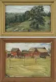 Hendrik J. Glintenkamp, Two Small Landscapes, 1) Oil on board scene shows five connected red barns with fenced farmyard and pasture