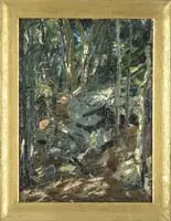 Henry J. Glintenkamp, The Wooded Ledge, Oil on wood panel shows a tree lined rock ledge with light blue sky peaking out behind trees. Thick areas of paint use
