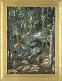 Henry J. Glintenkamp, The Wooded Ledge, Oil on wood panel shows a tree lined rock ledge with light blue sky peaking out behind trees. Thick areas of paint use