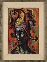 Umberto Romano, Jo Jo the Boy Clown, Oil on board scene shows a colorful shoulder portrait of a clown with fancy makeup and hat