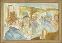 George Luks, Bar-Room Buddies, Watercolor bar room scene shows eight well dressed men in colorful suits with hats. Four standing at bar with drinks