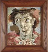 Carl Gustaf Simon Nelson, The Actor-1938, Oil on board shows an abstract rendering of a man with hat in colorful costume