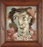 Carl Gustaf Simon Nelson, The Actor-1938, Oil on board shows an abstract rendering of a man with hat in colorful costume