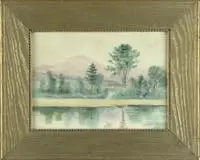 Benjamin Tupper Newman, Landscape with River and Mountain, Watercolor landscape shows a rose colored mountain with tree lined river in foreground