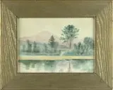 Benjamin Tupper Newman, Landscape with River and Mountain, Watercolor landscape shows a rose colored mountain with tree lined river in foreground
