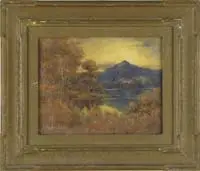 J. D. Huliston, Fall Agawam, Mass, Oil on board fall scene shows a blue mountain with water and autumn colored trees. All under a bright yellow sky