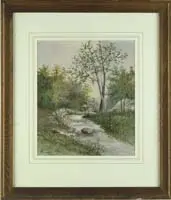 Willis Henry Plummer, Forest Stream, Good watercolor scene shows cascading stream lined with trees and grasses