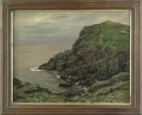Coastal Rocky Inlet by Unsigned, Monhegan School oil on canvas scene shows rocky coast with grass covered ledge tops and a calm ocean, sold Jan 2006