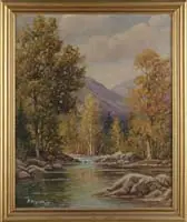 B Snyder, Paugus River, Oil on canvas fall scene shows large trees bordering a rock banked stream with mountains in the background
