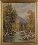 B Snyder, Paugus River, Oil on canvas fall scene shows large trees bordering a rock banked stream with mountains in the background