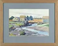 William Macrobbie, Tidal River, Watercolor scene shows a half full tidal river with colorful rowboats next to buildings on post sided docks
