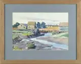 William Macrobbie, Tidal River, Watercolor scene shows a half full tidal river with colorful rowboats next to buildings on post sided docks