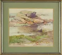 Blanche Emily Colman, The Inlet, Coastal watercolor shows a large rock surrounded by water next to a sand and rock strewn shore