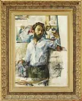 Thomas J. Strickland, Self Portrait, 1960, Oil on canvas shows a bearded young man with paint brush with studio background