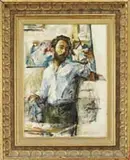 Thomas J. Strickland, Self Portrait, 1960, Oil on canvas shows a bearded young man with paint brush with studio background