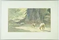 EVA, Three Horses, Contemporary oil painting scene shows three horses in a sunlit clearing amongst colorful tall trees