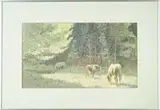 EVA, Three Horses, Contemporary oil painting scene shows three horses in a sunlit clearing amongst colorful tall trees
