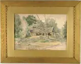 Wenzel Hablik, The Neglected Barn, Watercolor scene shows a large barn in some disrepair. It sits back against the woods with a rail fence in front