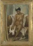 H.A. Packman, The Pink Drape, Oil on canvas interior scene shows a black nude woman seated on a red sofa with a pink drape covering