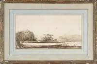 David Levine, Westport Landscape, Bistre ink on paper scene shows water with islands and coastline