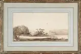 David Levine, Westport Landscape, Bistre ink on paper scene shows water with islands and coastline