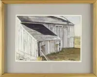 R. Calhoun, Barn and Shed, Watercolor outdoor scene shows a grayish/white barn with lean-to shed surrounded by grass fields