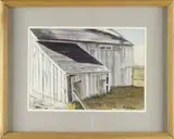 R. Calhoun, Barn and Shed, Watercolor outdoor scene shows a grayish/white barn with lean-to shed surrounded by grass fields