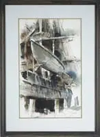 John A Neff, Large Ship at Dock, Watercolor scene shows a large wood ship with tall mast and large rowboats at side