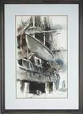 John A Neff, Large Ship at Dock, Watercolor scene shows a large wood ship with tall mast and large rowboats at side