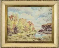 R. Hal Burriss, Pond in Fall, Oil on board scene shows small pond lined with colorful trees under a cloud and blue sky