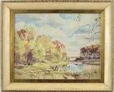 R. Hal Burriss, Pond in Fall, Oil on board scene shows small pond lined with colorful trees under a cloud and blue sky