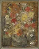 Dorothy Palmer, Bouquet of Flowers, Oil on board still life scene shows a large group of yellow and red flowers in a vase