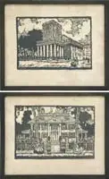 Florence Bradshaw Brown, First Church, Boston” and “Longfellow’s Home, Two woodblock prints in black and white show these Boston landmarks. Pencil signed bottom right