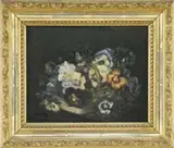 Unsigned, Basket of Pansies, Oil on wood panel shows a handled basket with colorful pansies and green leaves against a black background