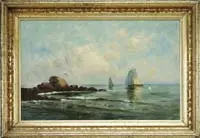 S Bricker, Gull Rock, Oil on canvas-board coastal scene shows several boats rounding a group of rocks with seagulls flying overhead
