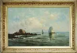 S Bricker, Gull Rock, Oil on canvas-board coastal scene shows several boats rounding a group of rocks with seagulls flying overhead