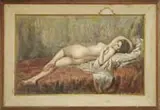 Toro, Nude, Oil on canvas scene shows a recumbent nude woman on a bed covered with red covering and white cloth