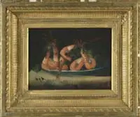 H.F.B., Shrimp Plate, Oil on canvas still life tabletop scene shows a blue shallow plate having several shrimp. Plate sits on a tabletop