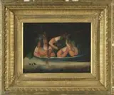 H.F.B., Shrimp Plate, Oil on canvas still life tabletop scene shows a blue shallow plate having several shrimp. Plate sits on a tabletop
