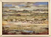 Peter D. van Blommestein, The Game Reserve, Oil on masonite impressionistic scene shows a herd of animals on the grass lands amongst a grove of trees
