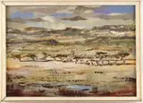 Peter D. van Blommestein, The Game Reserve, Oil on masonite impressionistic scene shows a herd of animals on the grass lands amongst a grove of trees