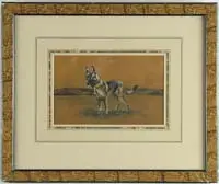H. Newman, Kim, Watercolor/gouache on brown paper depicts a German Shepherd type dog standing on grass with low hills in background