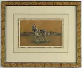 H. Newman, Kim, Watercolor/gouache on brown paper depicts a German Shepherd type dog standing on grass with low hills in background