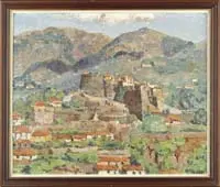 F. Beswick, The Old Fortress “Pico Dos Frios, Oil on board scene shows a large stone fort atop a hill with many red roof houses with mountain backdrop