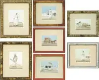 Unsigned, Seven Middle Eastern Scenes, Watercolor scenes as follows: 1) A man driving a two-oxen two-wheel cart loaded with white bales. SIGHT