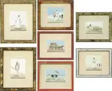 Unsigned, Seven Middle Eastern Scenes, Watercolor scenes as follows: 1) A man driving a two-oxen two-wheel cart loaded with white bales. SIGHT